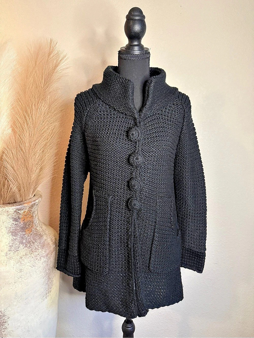 Anthropologie Oona & Maud Black Chunky Knit Cardigan Sweater Jacket, Size M